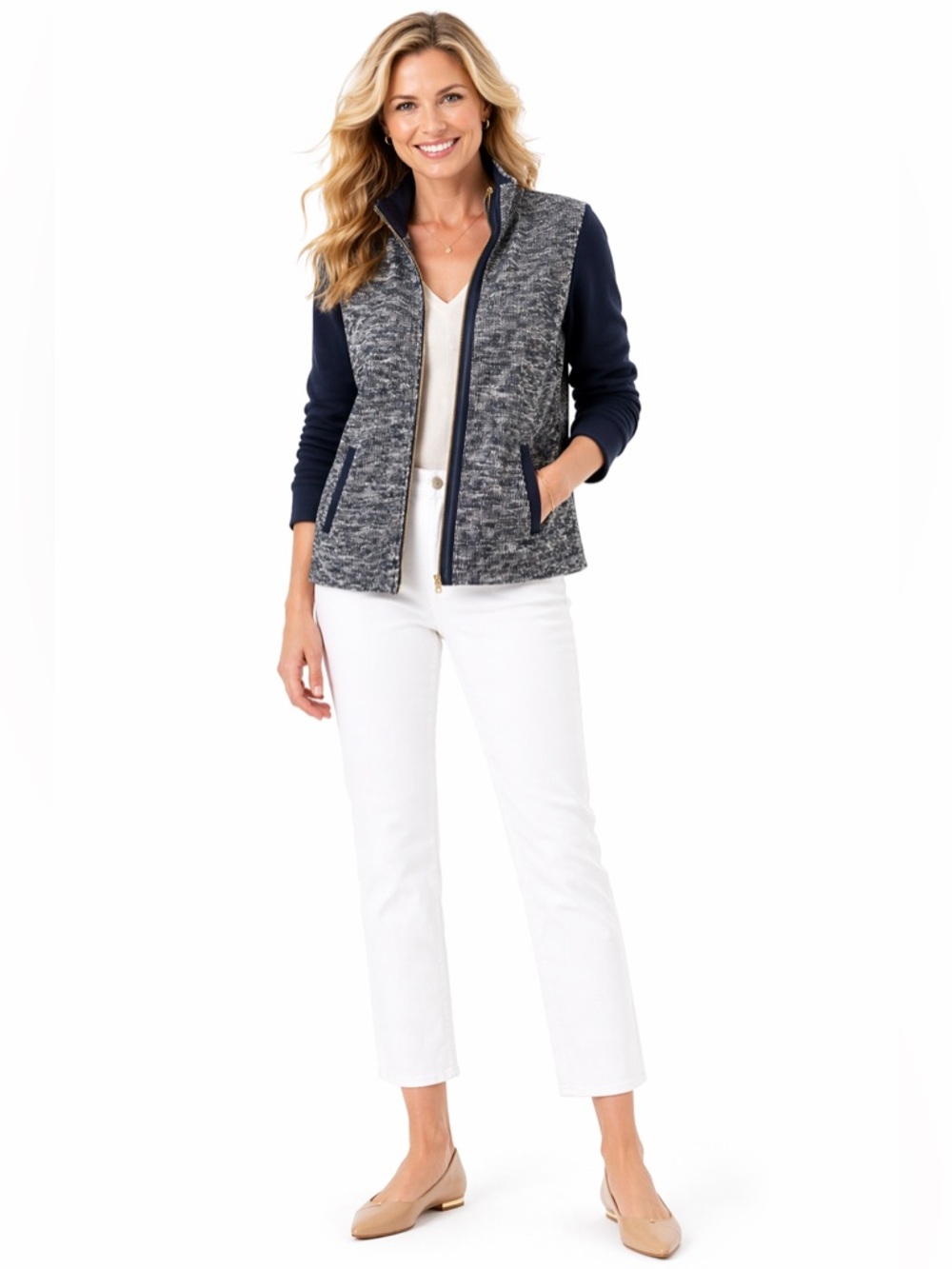 Tommy Hilfiger Navy and Gray Tweed-Front Zip Jacket